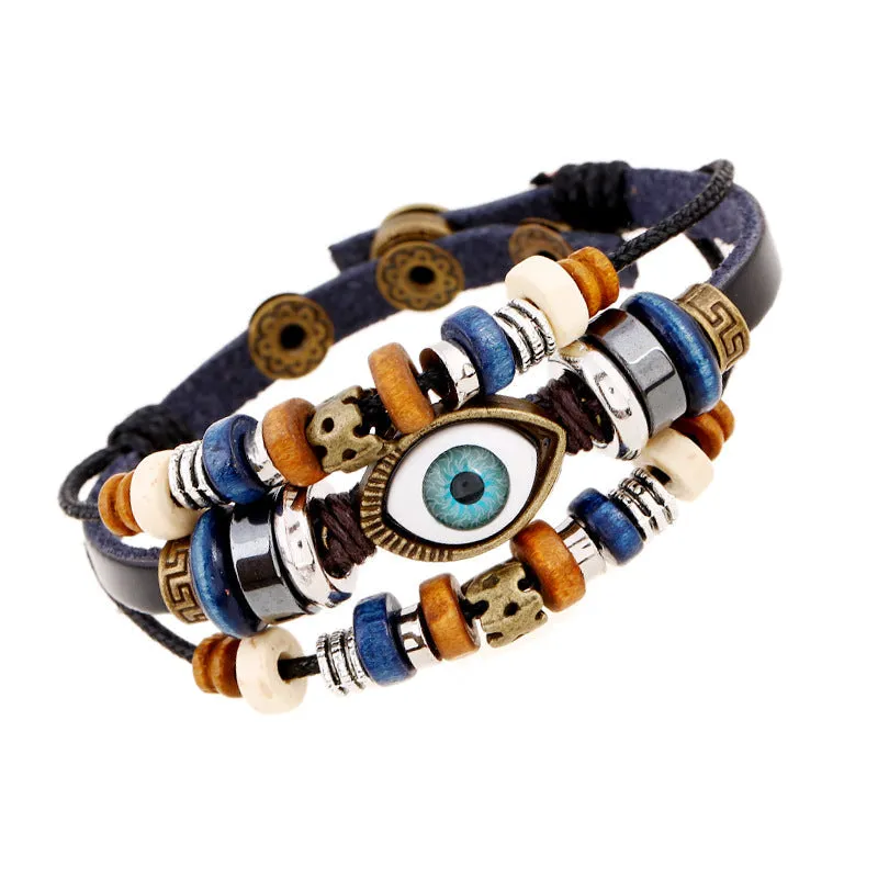 Popular Ornament New Beaded Eyes Cattle Leather Bracelet Pull-out Adjustable Couple Leather Bracelet