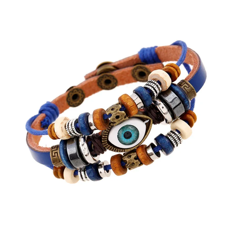Popular Ornament New Beaded Eyes Cattle Leather Bracelet Pull-out Adjustable Couple Leather Bracelet