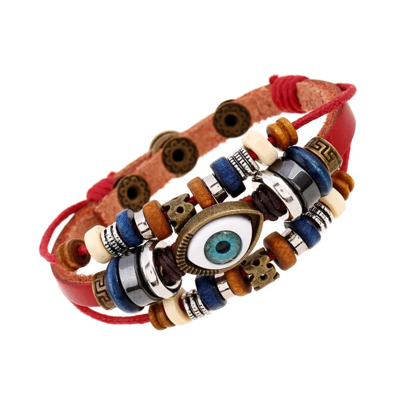 Popular Ornament New Beaded Eyes Cattle Leather Bracelet Pull-out Adjustable Couple Leather Bracelet