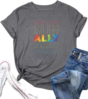 Pride Ally Shirt Women: LGBTQ Rainbow Lesbian Bisexual Equality USA Flag Tshirt Funny Graphic Short Sleeve Summer Tops