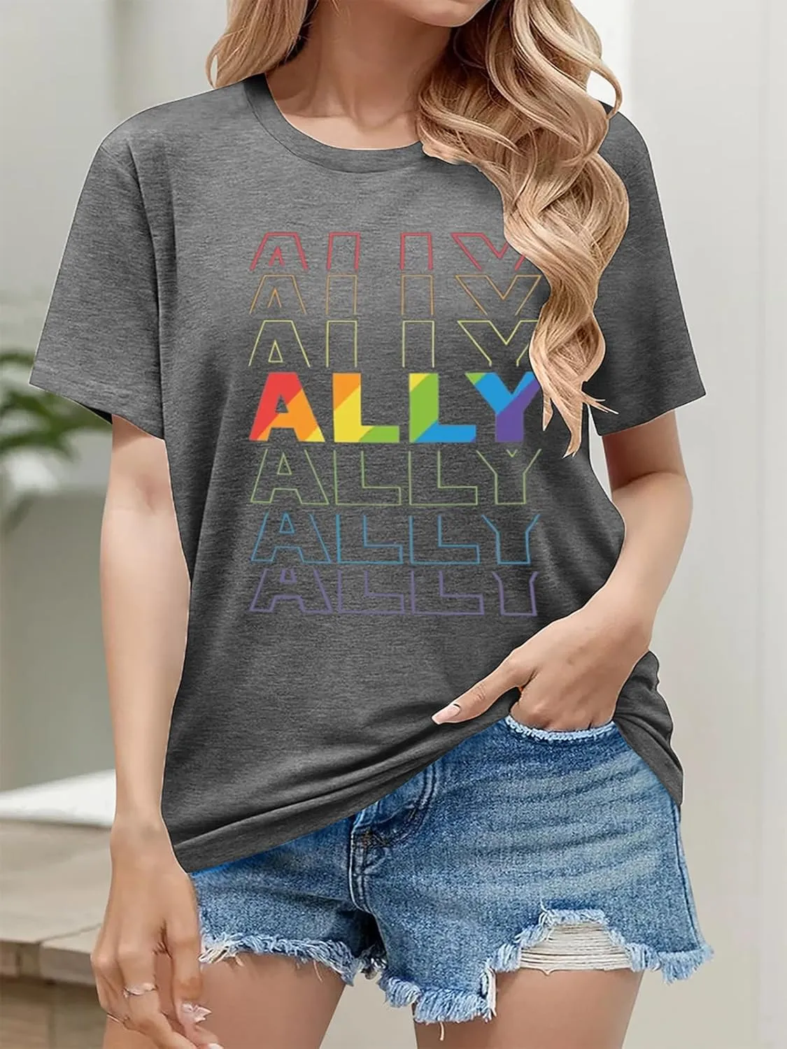Pride Ally Shirt Women: LGBTQ Rainbow Lesbian Bisexual Equality USA Flag Tshirt Funny Graphic Short Sleeve Summer Tops