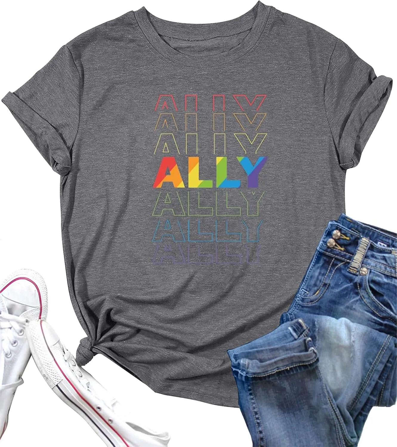 Pride Ally Shirt Women: LGBTQ Rainbow Lesbian Bisexual Equality USA Flag Tshirt Funny Graphic Short Sleeve Summer Tops