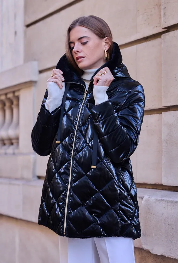 Reversible Lined Down Jacket with hood BLACK