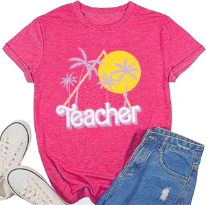 Teacher Shirt Women Funny Teach Letter Graphic Print T-Shirt Tee Top Inspirational Kindergarten Teacher Appreciation Gift