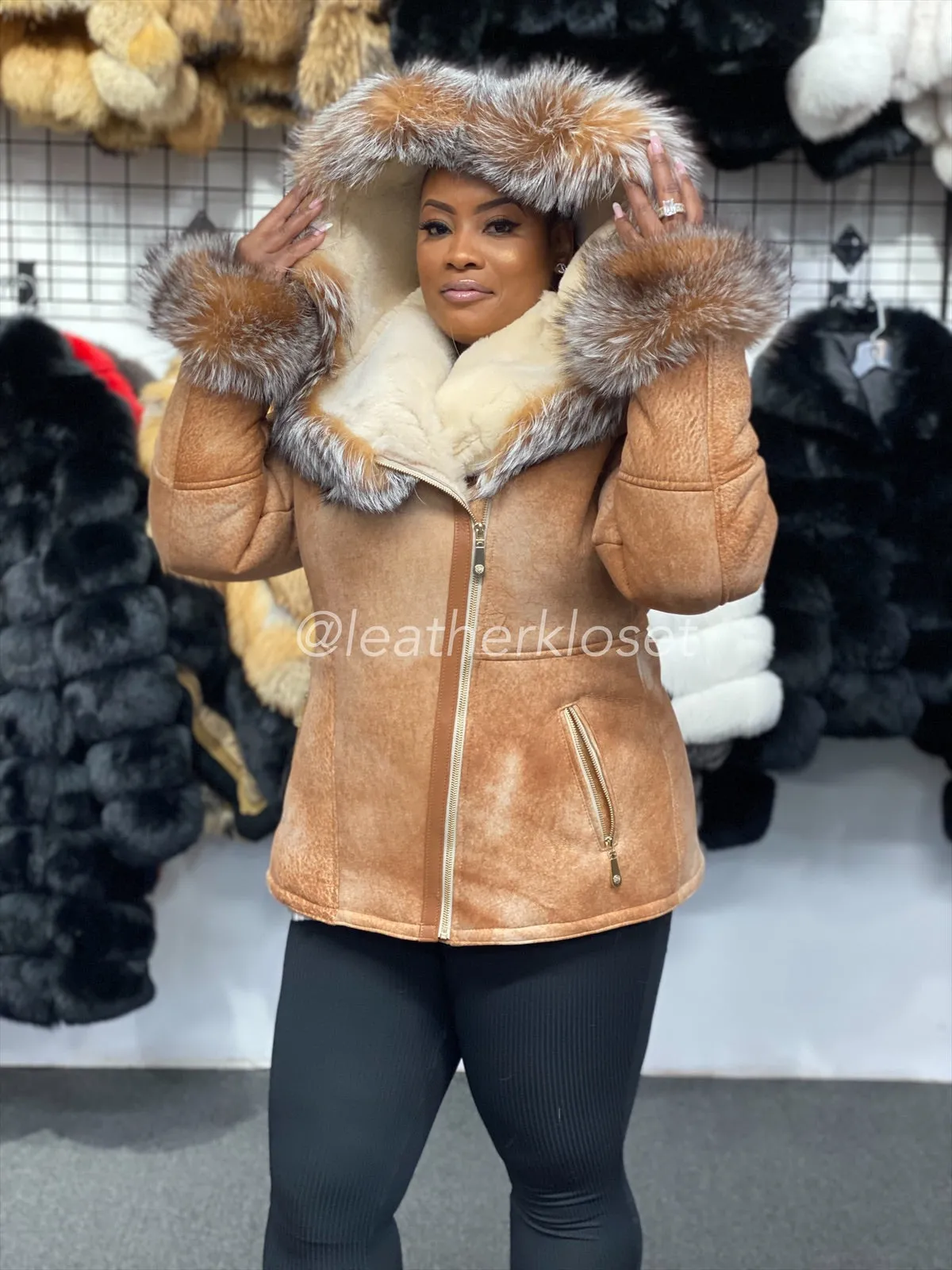 Women's Anna Real Sheepskin Jacket With Fox [Light Tan]