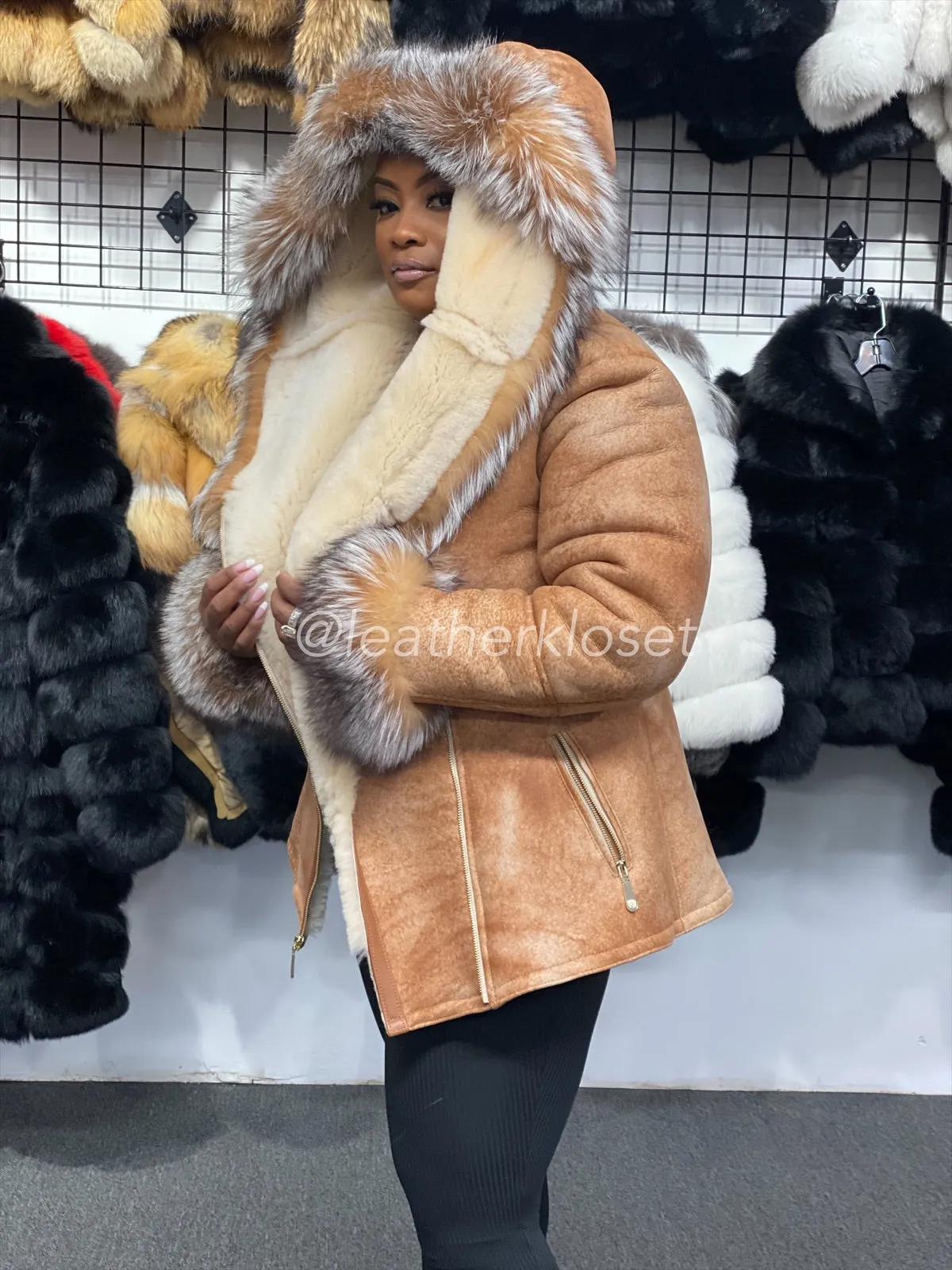 Women's Anna Real Sheepskin Jacket With Fox [Light Tan]