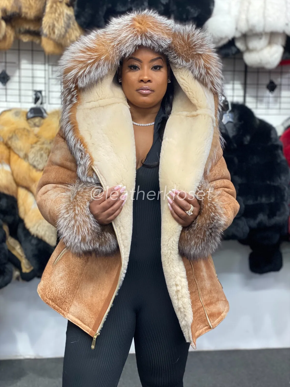 Women's Anna Real Sheepskin Jacket With Fox [Light Tan]