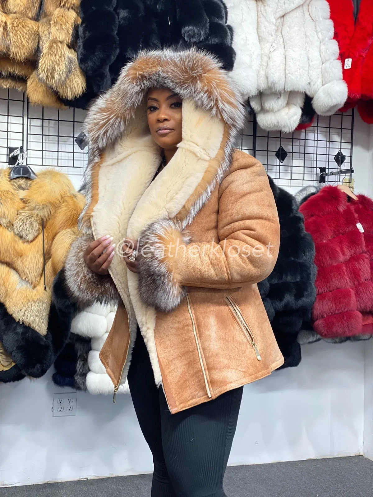 Women's Anna Real Sheepskin Jacket With Fox [Light Tan]