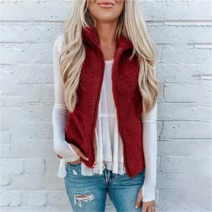 Women's Autumn and Winter Pocket Zipper Solid Color Top Plush Vest Vest Jacket