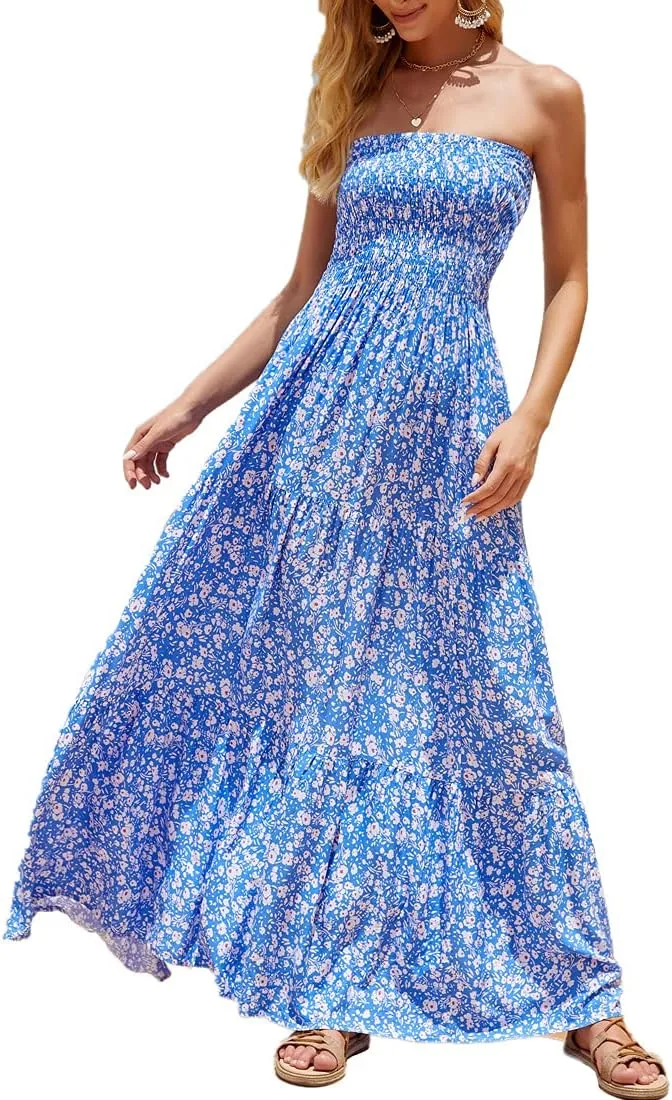 Women's Summer Strapless Tube Top Maxi Dresses Off Shoulder Boho Beach Long Dress