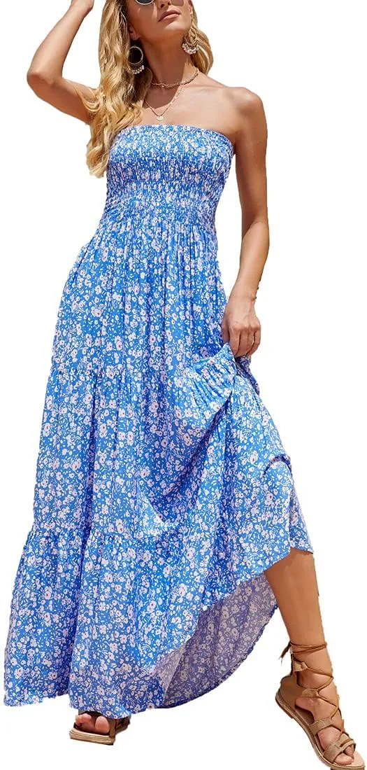Women's Summer Strapless Tube Top Maxi Dresses Off Shoulder Boho Beach Long Dress