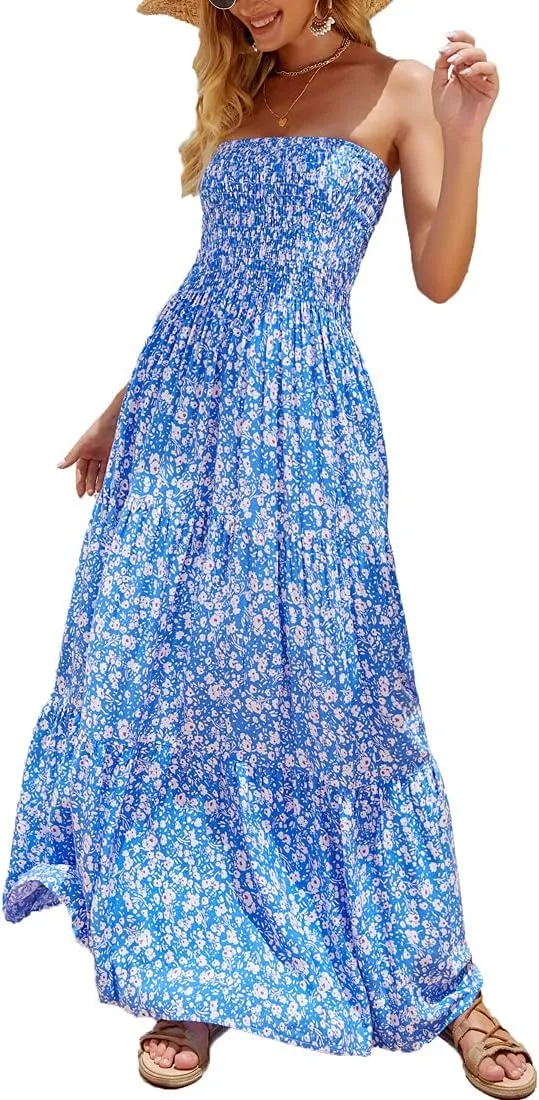 Women's Summer Strapless Tube Top Maxi Dresses Off Shoulder Boho Beach Long Dress