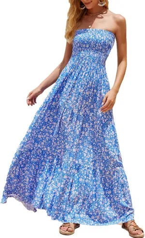 Women's Summer Strapless Tube Top Maxi Dresses Off Shoulder Boho Beach Long Dress