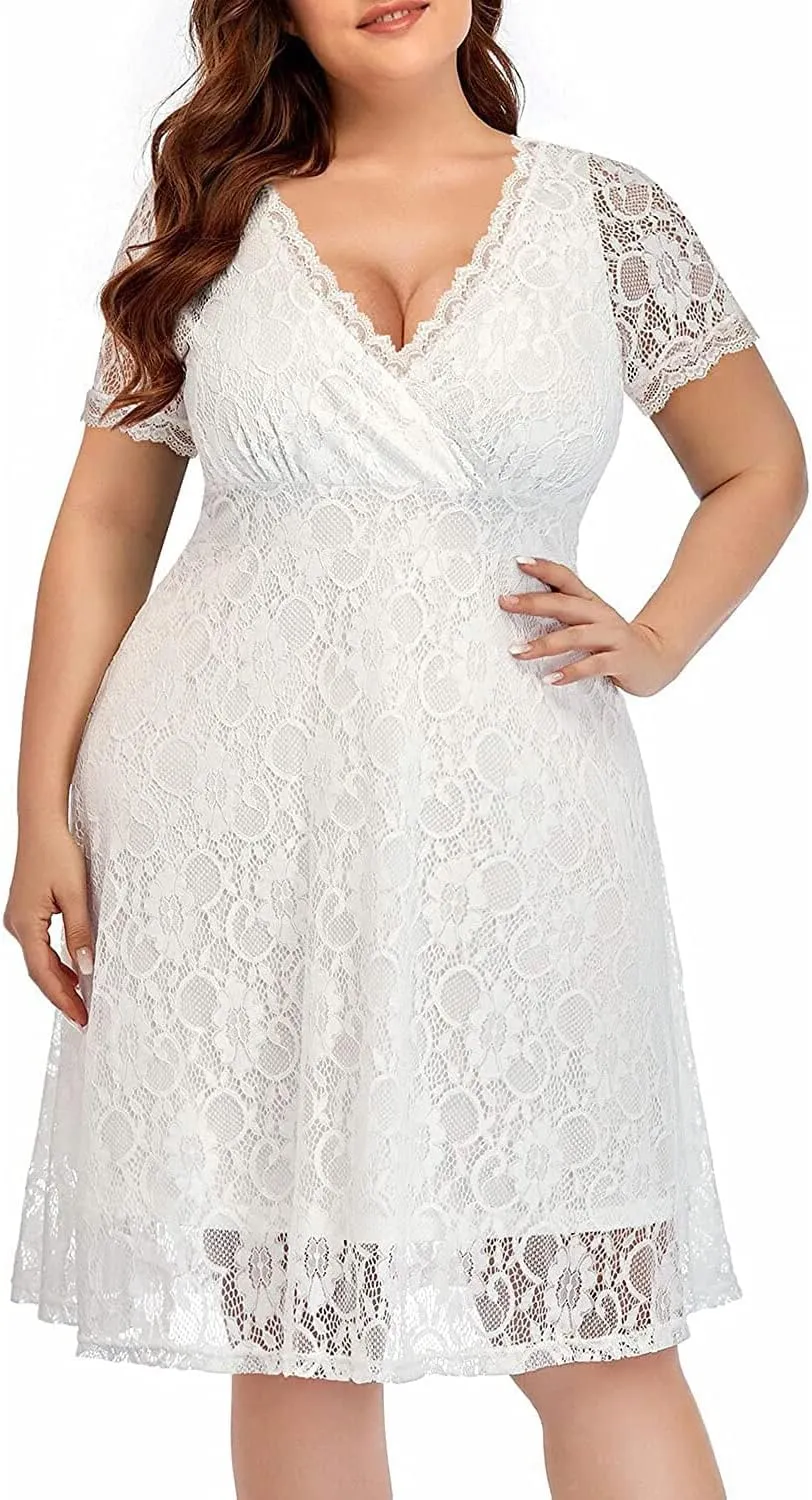 Women's Wedding Guest Plus Size Semi Formal Cocktail Lace Wrap V Neck Short Sleeve Knee Length Dress