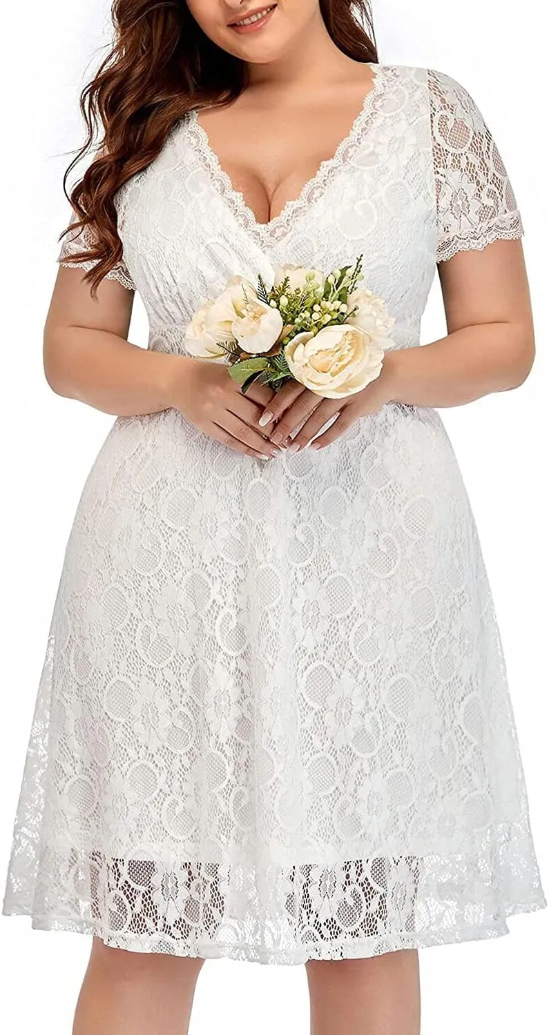 Women's Wedding Guest Plus Size Semi Formal Cocktail Lace Wrap V Neck Short Sleeve Knee Length Dress