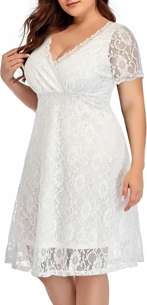 Women's Wedding Guest Plus Size Semi Formal Cocktail Lace Wrap V Neck Short Sleeve Knee Length Dress