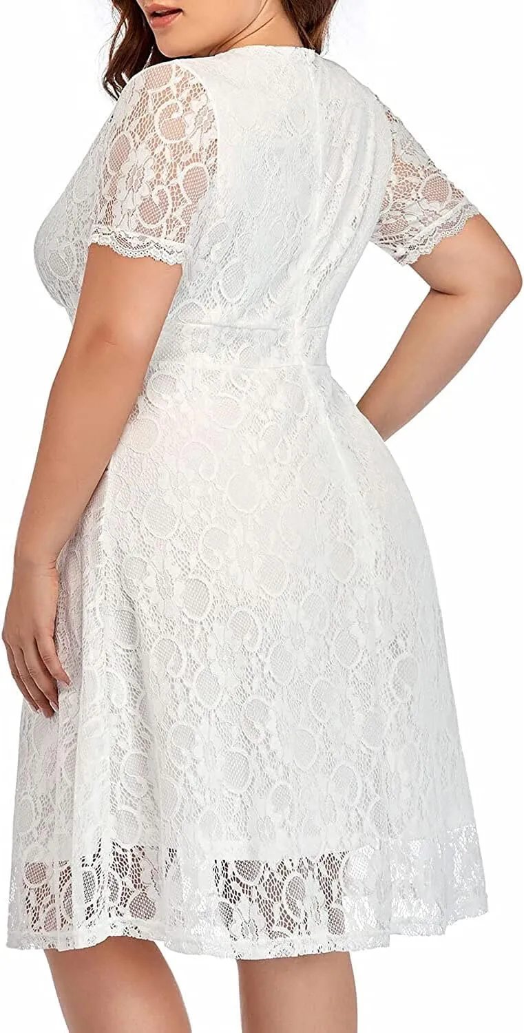 Women's Wedding Guest Plus Size Semi Formal Cocktail Lace Wrap V Neck Short Sleeve Knee Length Dress