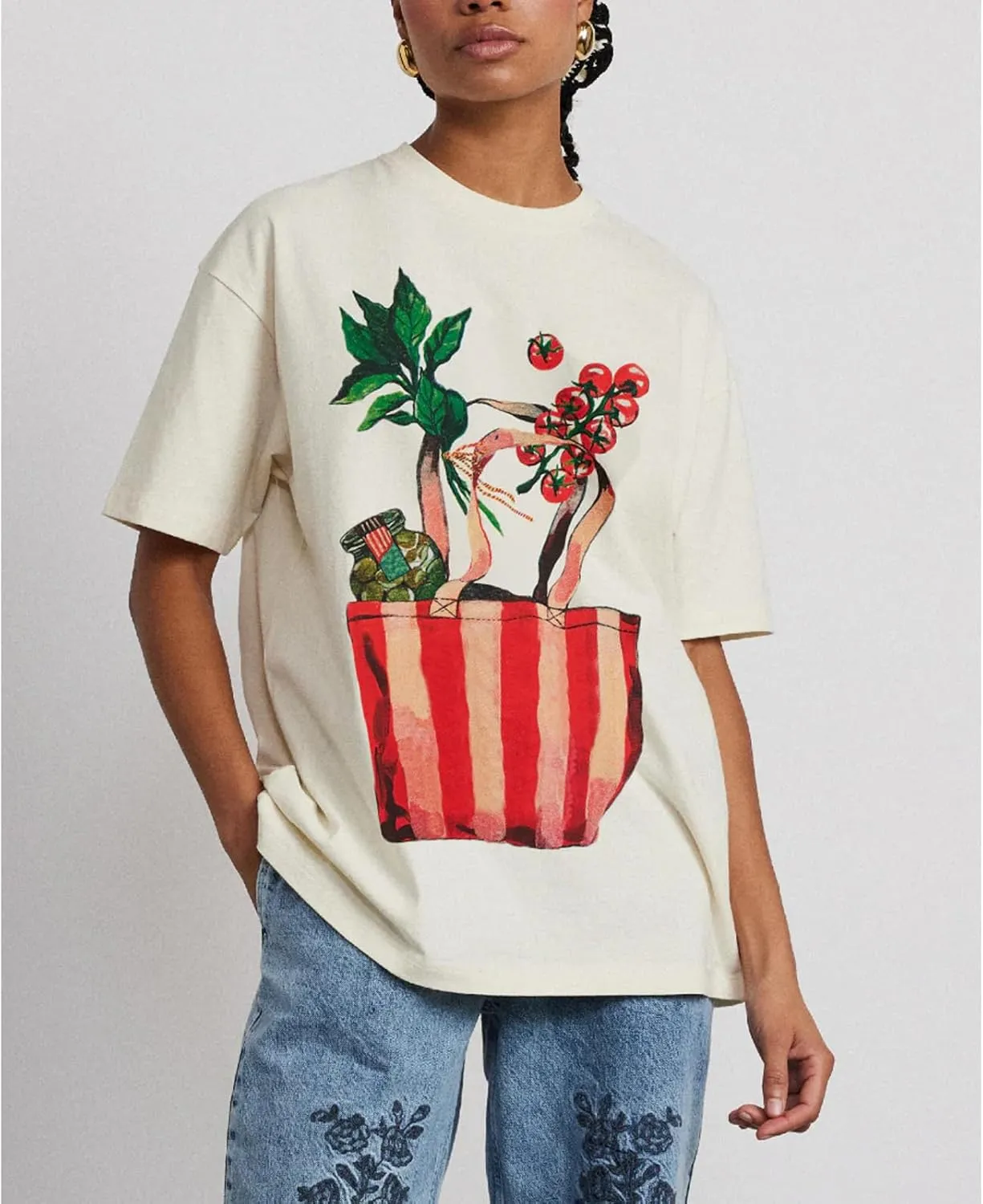 Y2k Womens Oversized Fruit Graphic Print Tees Shirts Vintage Flower Baggy Tshirt Tops Coastal Clothes Aesthetic